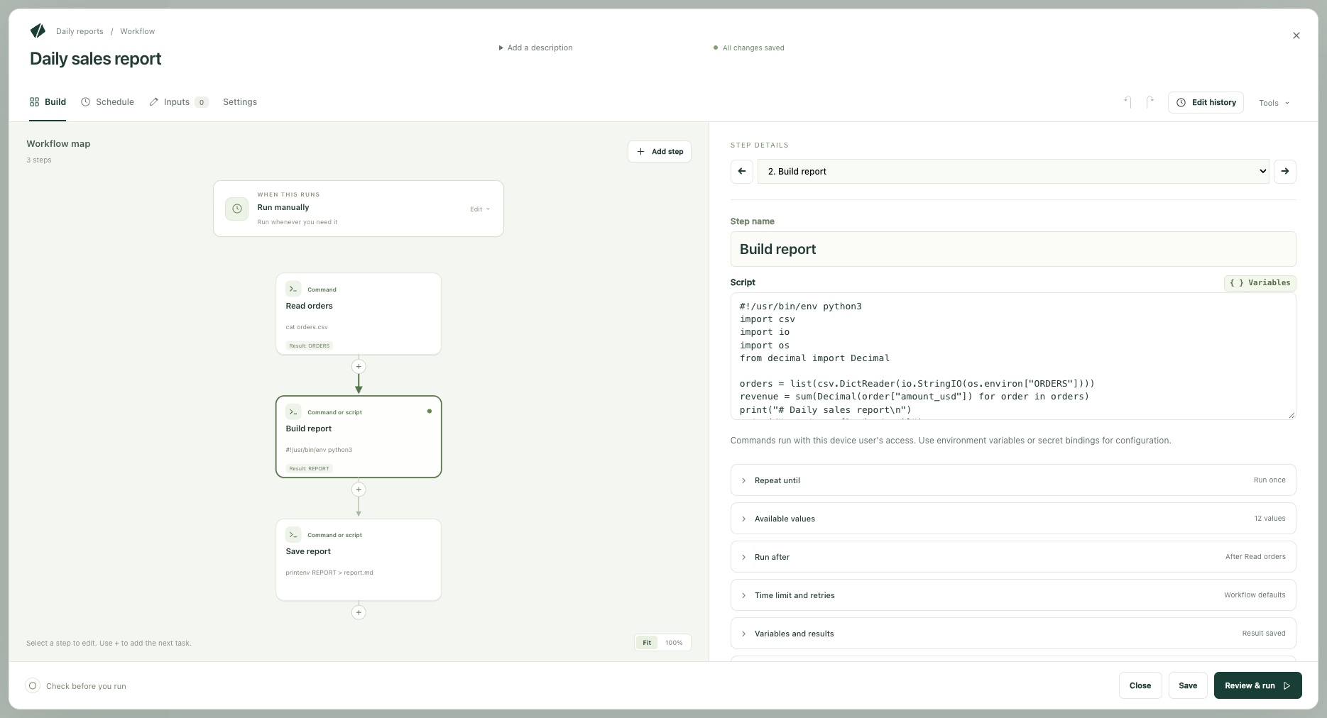 Kitewell workflow editor with a daily report workflow and the selected step's settings