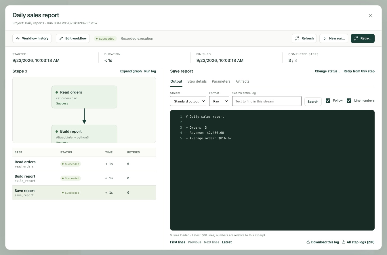 Completed daily report workflow in Kitewell with the report visible in the selected step's output